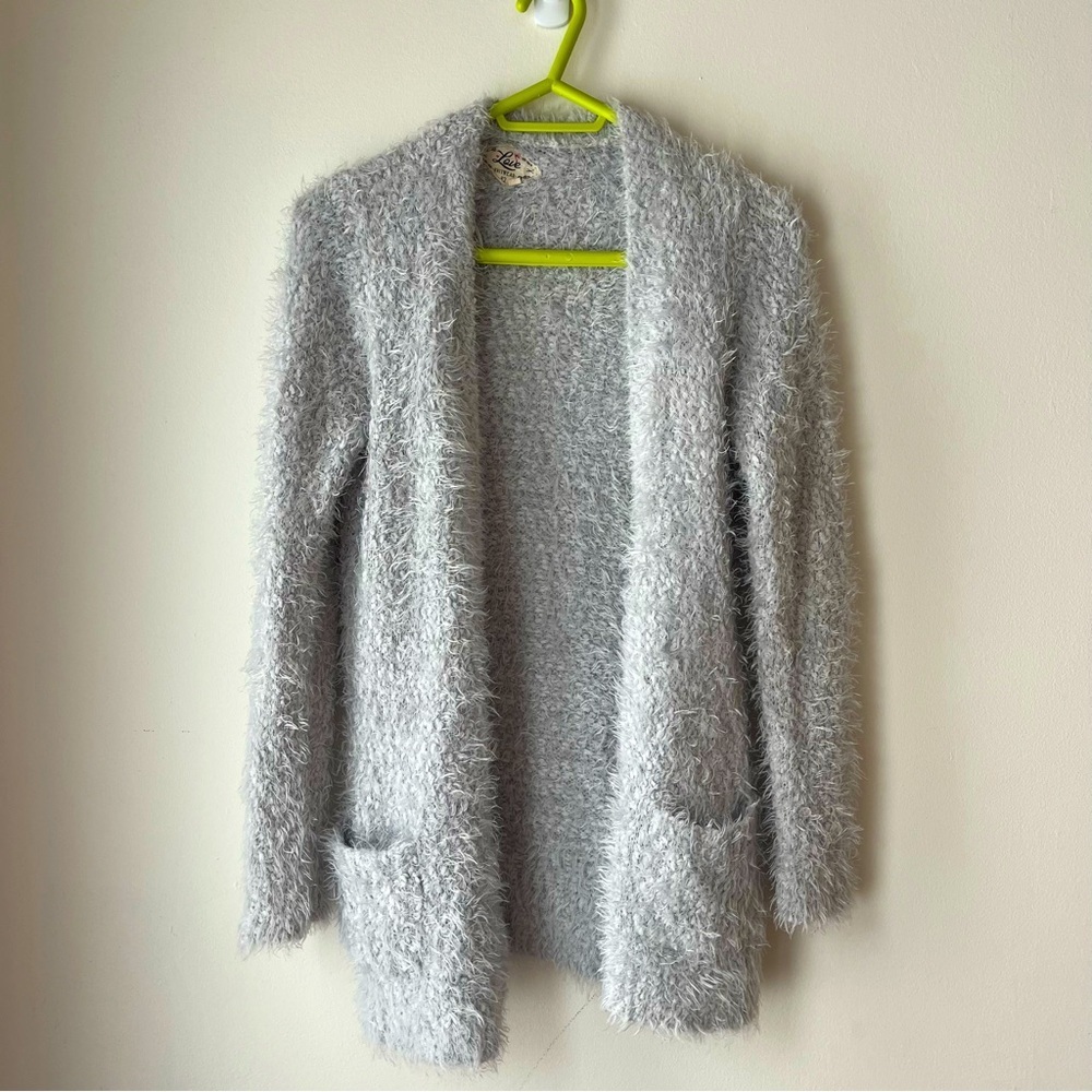 Fuzzy long open front cardigan pockets size medium casual soft
